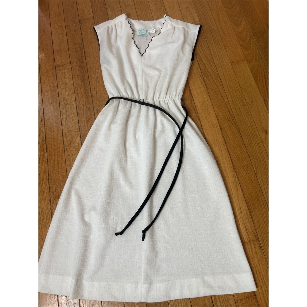 Vintage 70s White Black Sundress Petite Small Belted Polyester